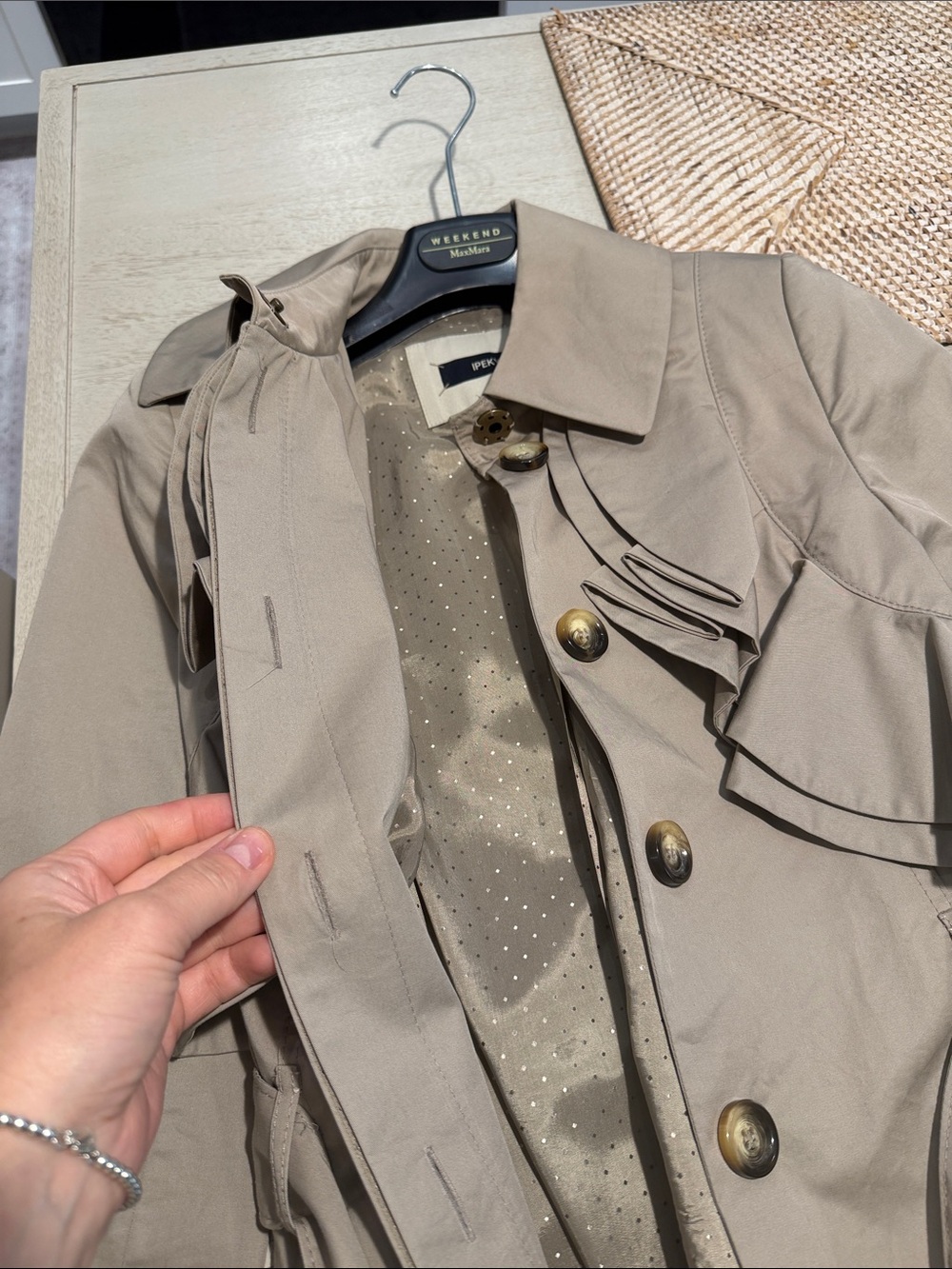 Beige Ruffle-Front Trench Coat - Picture 5 of 6